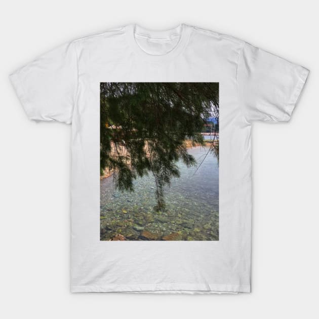 Stone sea surface in pristine clear water under a fir tree T-Shirt by Khala